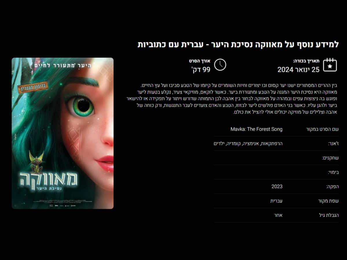 Новости Израиля Украинский мультфильм "Мавка" (מאווקה נסיכת היער), дублированный на иврите, в прокате в кинотеатрах Израиля с 25 января 2024